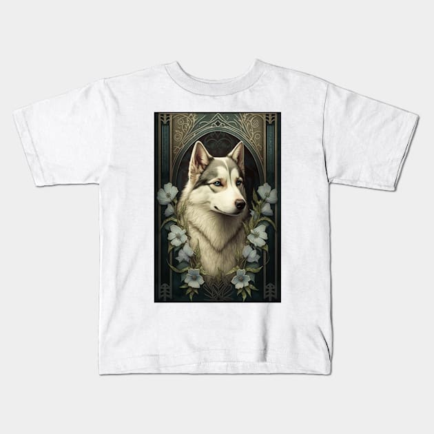 Siberian Husky - Art Nouveau Style Kids T-Shirt by ArtNouveauChic